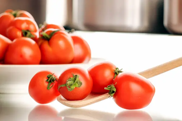 Several Ripe Cherry Tomatoes Wooden Spoon Kitchen Macro — Stock Photo, Image
