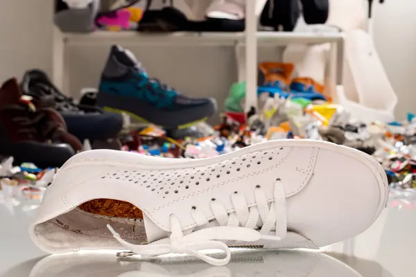 Women's sneakers on the background of shelves with shoes.