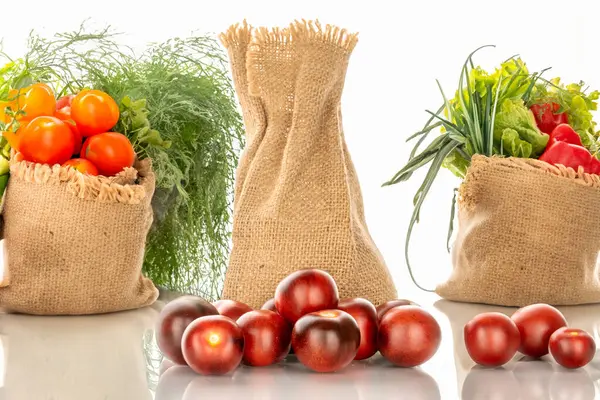 Several Ripe Black Cherry Tomatoes Jute Bag Macro Background Vegetables — Stock Photo, Image