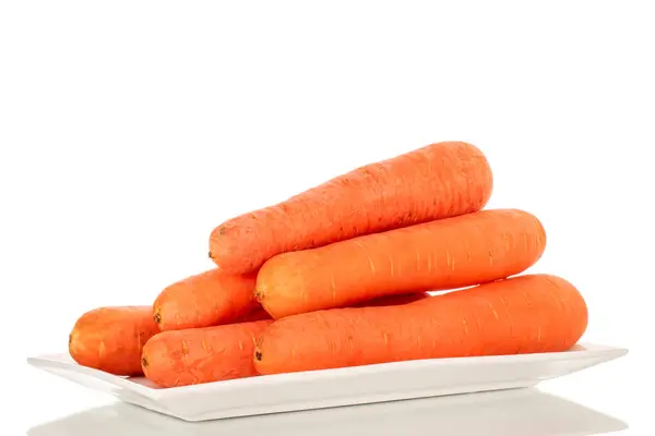 Few Sweet Carrots White Ceramic Plate Macro Isolated White Background — Stock Photo, Image