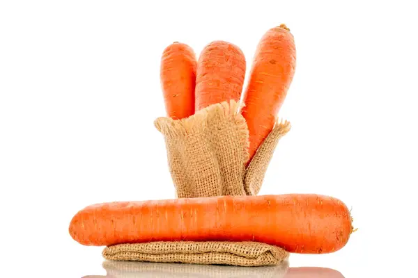 Several Sweet Carrots Jute Bag Macro Isolated White Background — Stock Photo, Image