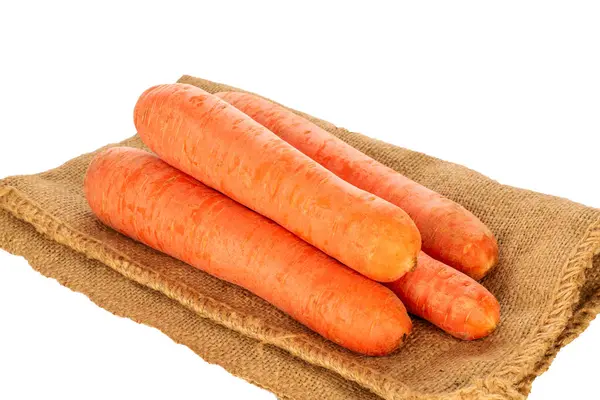 Several Juicy Carrots Jute Sack Macro Isolated White Background — Stock Photo, Image
