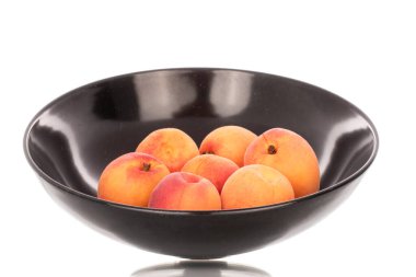 Siyah seramik plakalı birkaç olgun kayısı, makro, beyaz arka planda izole edilmiş..