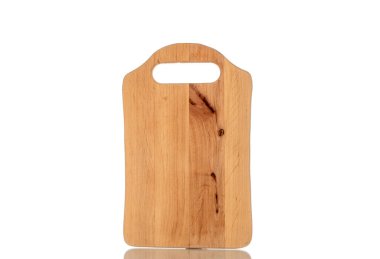 Bir ahşap mutfak tahtası, makro, beyaz arka planda izole edilmiş..