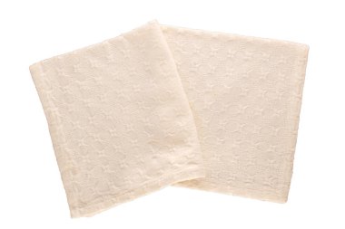 Bir keten beyazı peçete, makro, beyaz arka planda izole edilmiş, üst manzara..