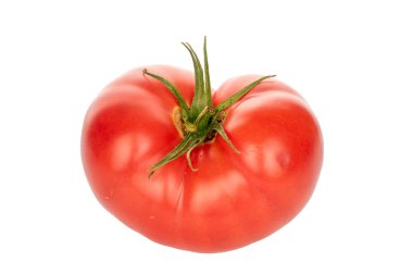 Beyaz arkaplanda pembe bir domates, yakın plan..