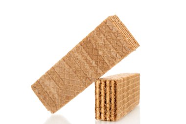 Birkaç çikolatalı gofret, makro, beyaz arka planda izole edilmiş..