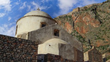 Monemvasia cloudy sky, a historical castle town built on a rock island, Lakonia, Peloponesse, Greece