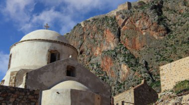 Monemvasia cloudy sky, a historical castle town built on a rock island, Lakonia, Peloponesse, Greece