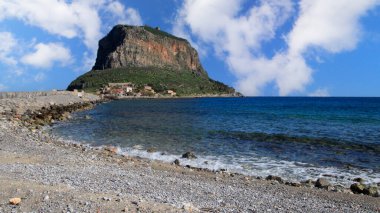 Monemvasia cloudy sky, a historical castle town built on a rock island, Lakonia, Peloponesse, Greece