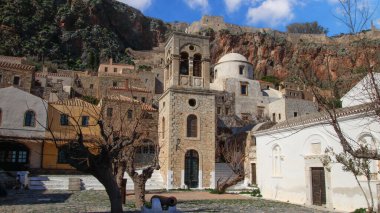 Monemvasia cloudy sky, a historical castle town built on a rock island, Lakonia, Peloponesse, Greece