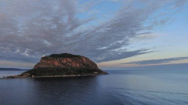 Monemvasia aerial evening view, a historical castle town built on a rock island, Lakonia, Peloponnese, Greece