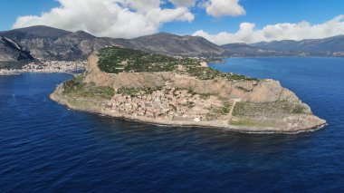 Monemvasia aerial view, a historical castle town built on a rock island, Lakonia, Peloponnese, Greece