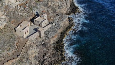 Monemvasia lighthouse at historical castle town, aerial view, Lakonia, Peloponesse, Greece