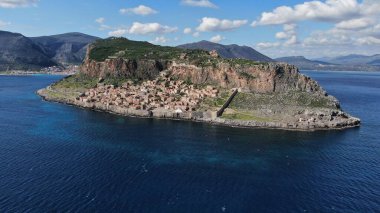 Monemvasia aerial view, a historical castle town built on a rock island, Lakonia, Peloponnese, Greece
