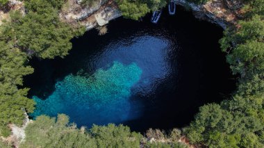 Lake and cave Melissani, aerial view, Kefalonia island, Ionian sea, Greece