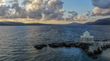 Lighthouse of Saint Theodoroi near Argostoli city, aerial view, Kefalonia island, Ionian sea, Greece