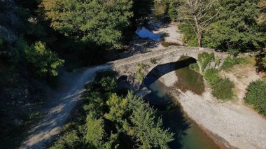 Old stone bridge Kaber Aga, Zagoritikos river, aerial view, Zagori, Epirus, Greece