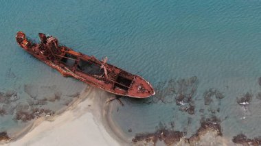 Shipwreck ''Dimitrios'' at Glyfada beach, aerial view, Lakonia, Peloponesse, Greece