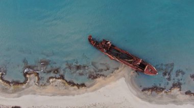 Shipwreck ''Dimitrios'' at Glyfada beach, aerial view, Lakonia, Peloponesse, Greece