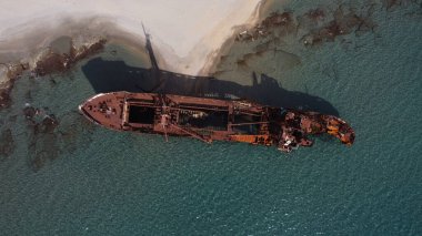 Shipwreck ''Dimitrios'' at Glyfada beach, aerial view, Lakonia, Peloponesse, Greece