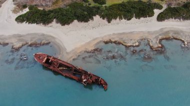 Shipwreck ''Dimitrios'' at Glyfada beach, aerial view, Lakonia, Peloponesse, Greece