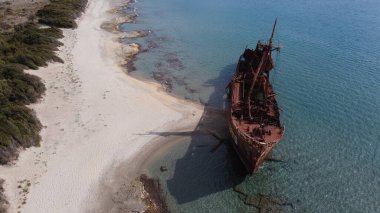 Shipwreck ''Dimitrios'' at Glyfada beach, aerial view, Lakonia, Peloponesse, Greece