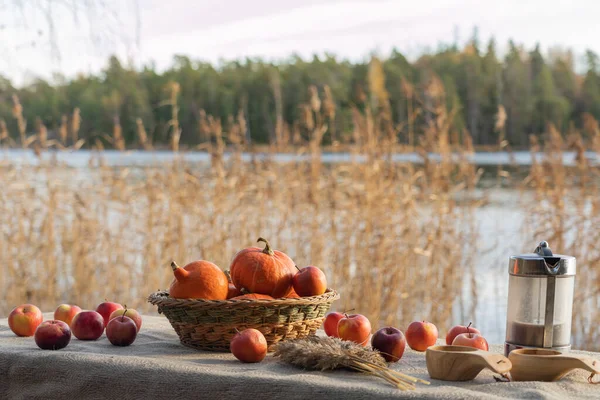 stock image A beautiful basket with pumpkins, red apples, a teapot and black tea in wooden mugs on a table covered with a canvas tablecloth. Autumn still life on the background of the lake.