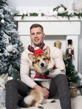Corgi köpeği olan genç bir adam bir Noel ağacının yanında şöminenin arka planında oturuyor. Noel kostümü giymiş bir köpek. İyi tatiller..