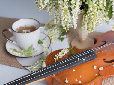 Bir buket kuş kirazı, bir fincan çay ve bir kemanla sanatsal bir hayat. Yatay fotoğraf.