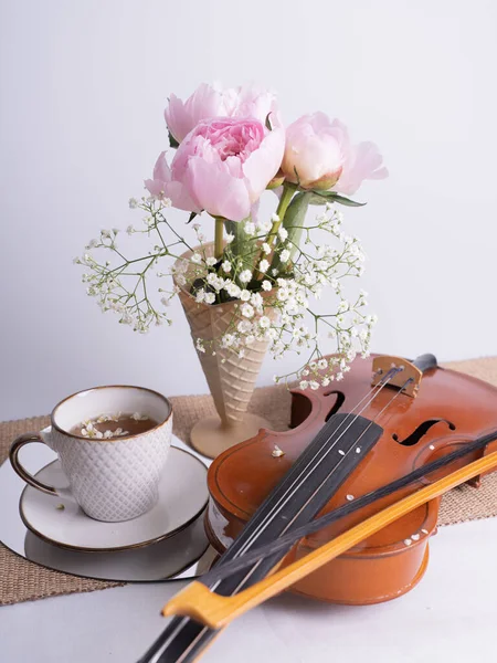 Artistic Still Life Bouquet Pink Peonies Cup Tea Violin Vertical — Stock Photo, Image