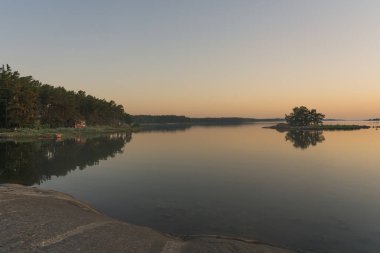 Gün batımından sonra sakin deniz kıyısı. Bir sıra ağaç ve ufukta küçük bir ada. Ön planda Rocky Coast var. Finlandiya doğası. Doğal arka plan. Metin için boşluk.
