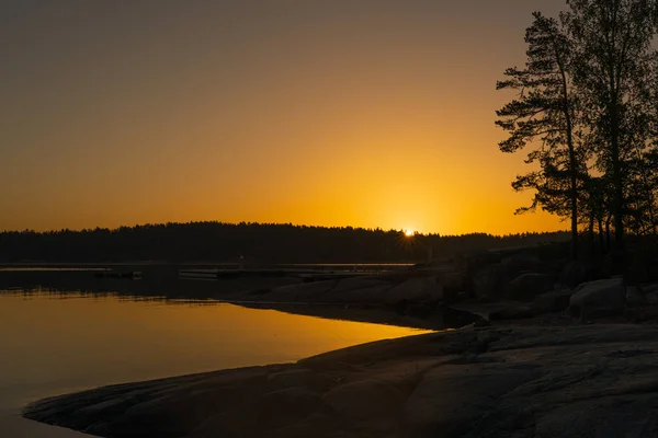 Sebuah Matahari Terbenam Emas Oranye Laut Dengan Siluet Garis Pohon — Stok Foto