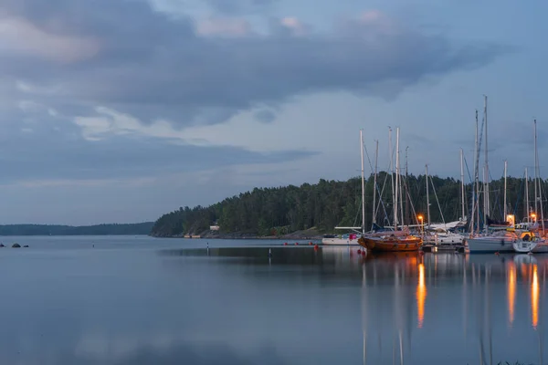 Nagu Finland 2022 Det Fantastiska Nattlandskapet Marinan Med Många Förtöjda — Stockfoto