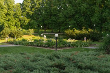 Çiçekler ve çeşme boyunca yeşil bir parkta yürüyüş yolu. Toila Oru Parkı, Estonya.