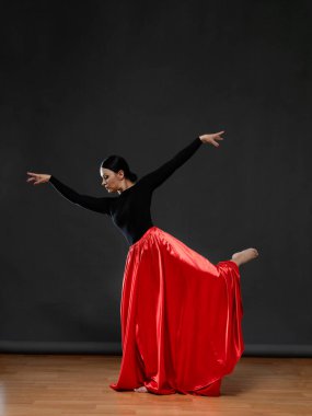 Parlak kırmızı etekli dansçı. Gri bir arka planda siyah elbiseli bir kadın dansçı..