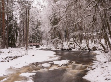 Gözlerden uzak bir kış manzarası, akan bir deresi ya da şelalesi olan karlı kıyılar arasında. Eski bir köprü görünür. Ormanların uyumu ve sessizliği kış doğası., 