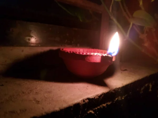 Diwali Lámpa Elöl Egy Lámpa Egy Tulsi Mögött Éjszaka Közeli — Stock Fotó