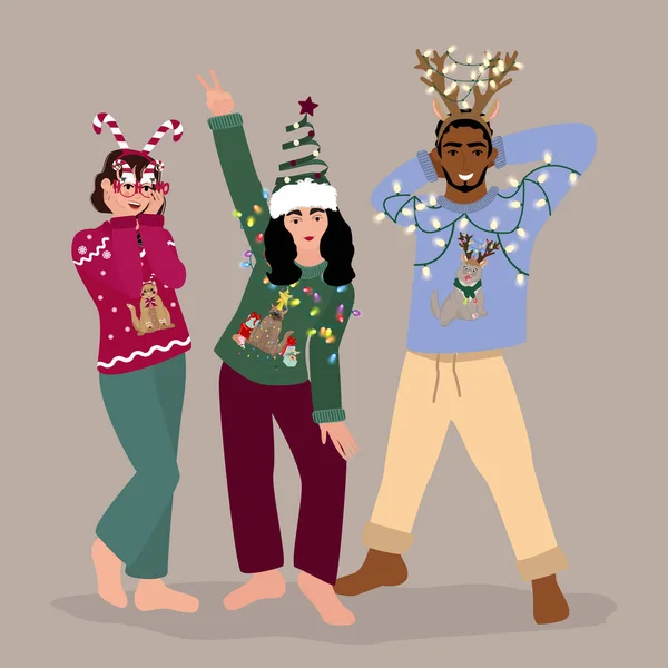 Felices Amigos Con Suéteres Feos Celebrando Navidad Año Nuevo Grupo — Vector de stock