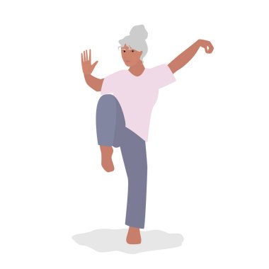 Kıdemli kadın Tai Chi egzersizi yapıyor. Şehir Parkı 'nda Emekliler Sabah Antrenmanı, Yaşlılar İçin Grup Sağlıklı Vücut, Esneklik ve Sağlık Dersleri. Çizgi film Vektör İllüstrasyonu