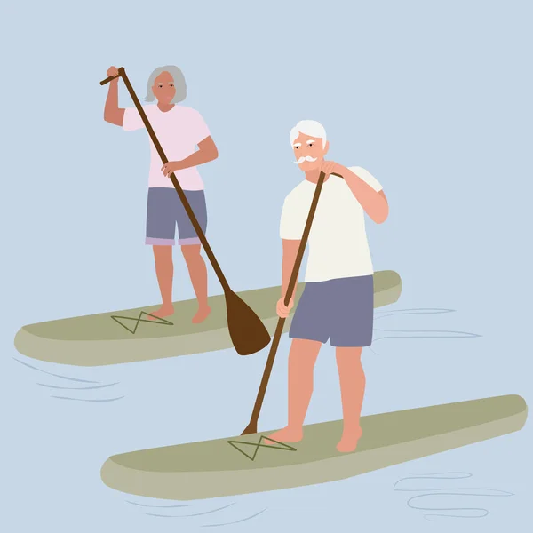 Older people on paddle surfing vector illustration. Couple paddleboard surfing. Seniors, elderly people having fun together. Healthy and active lifestyle.