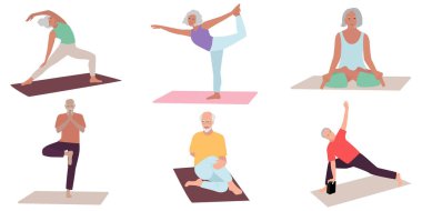 Elderly senior active man and woman doing yoga, flat vector illustration. Workout classes for elderly people healthy body, flexibility and wellness. Elderly people healthy lifestyle.
