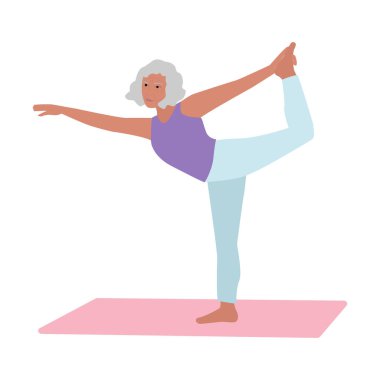 Elderly senior active woman doing yoga, flat vector illustration. Workout classes for elderly people healthy body, flexibility and wellness. Elderly people healthy lifestyle.