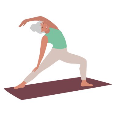 Elderly senior active woman doing yoga, flat vector illustration. Workout classes for elderly people healthy body, flexibility and wellness. Elderly people healthy lifestyle.