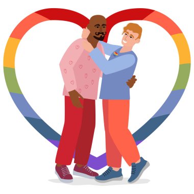 LGBT çift vektör illüstrasyon. Güzel eşcinsel çift çizimi. Mutlu homoseksüel aile aşığı karakterleri romantik aşk ilişkilerinde.