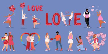 Sevgililer Günü konsepti izole edilmiş insan durumu. Romantik bayramı kutlayan insanlar, randevuda çiftler, aşk ilişkisi.