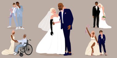 Just married, newlyweds, bride and groom set. Lesbian and gay newlywed couples vector flat illustration. Inclusive wedding couple. Happy Couple celebrating marriage