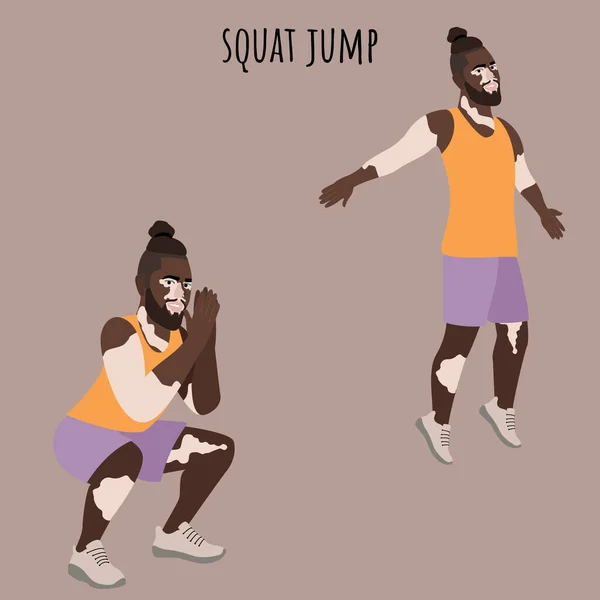 Jeune Homme Avec Vitiligo Faire Exercice Squat Jump Jeune Homme — Image vectorielle