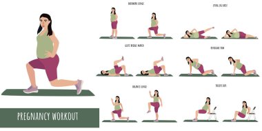 Asyalı hamile kadın antrenman yapıyor. Feminizm, kendini kabullenme ve özgürlük. Aktif yaşam tarzı. Spor, sağIık. Kadınlar spor yapar, spor yapar. Düz vektör illüstrasyonu