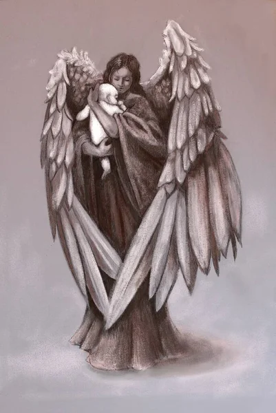Anděl Stojí Drží Nahé Dítě Objímá Chrání Dítě Ovinuje Křídla — Stock fotografie